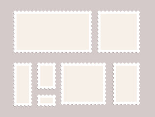 Blank postage stamps vector set isolated. Mark mail letter stamps design. Postal frame sticker - obrazy, fototapety, plakaty