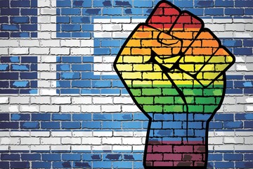 Shiny LGBT Protest Fist on a Greece brick Wall Flag - Illustration,  Brick Wall Greece and Gay flags
