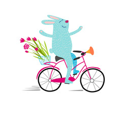 Blue rabbit carries a bouquet of flowers on a Bicycle