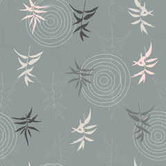Modern vector seamless pattern, botanical motif with stylized twigs  and simple geometric shapes like circles.