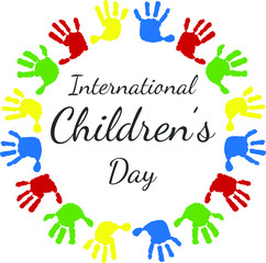 Fototapeta premium A circle of handprints with a text inside International Children's Day. Icon of colored prints of kid's hands on the Happy Children's Day. A template to create a logo, round frame.