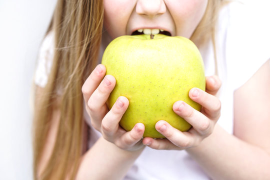 Big yellow green apple in children s hands . Girl biting the apple