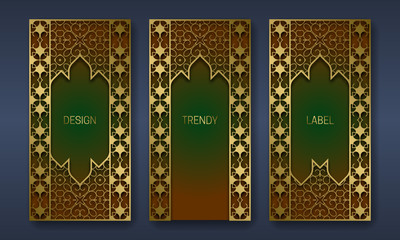 Golden ornamental packaging design. Set of labels templates with indian ornament frames.