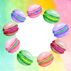 Obraz premium Round rainbow frame with colorful macaroons. Hand-drawn watercolor illustration