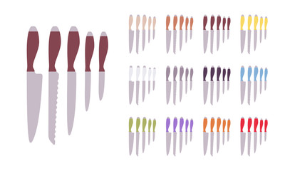 Knife cutting instrument, professional chef set. Five piece metal blade and handle kitchen cutlery accessory. Vector flat style cartoon illustration isolated, white background, different views, colors