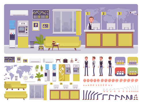 Bank office room and male manager creation kit, worker in financial business center set with furniture, constructor elements to build own interior design. Cartoon flat style infographic illustration