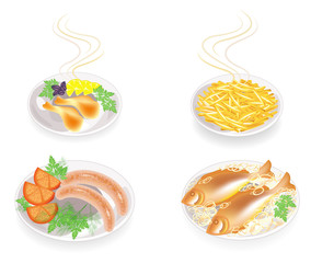 Collection. On a plate of fried sausages, fish, meat. Garnish potatoes, tomato, onion, lemon, greens, parsley dill and basil. Tasty and nutritious food. Set of vector illustrations