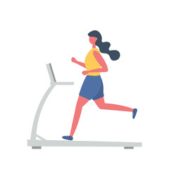 Young woman in a sporty uniform is running on a treadmill. People icon. Funny flat style. Vector illustration.