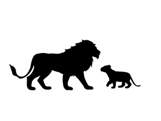 Lion and lion cub predator black silhouette animal. Vector Illustrator.