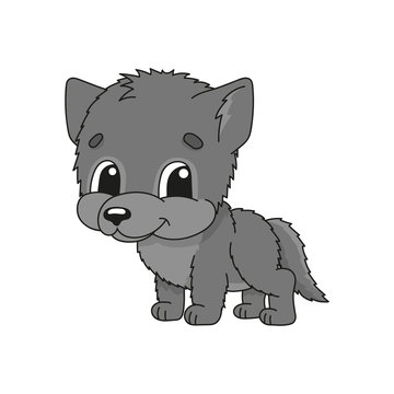 Gray wolf. Cute character. Colorful vector illustration. Cartoon style. Isolated on white background. Design element. Template for your design, books, stickers, cards, posters, clothes.
