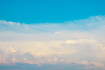 Cloudy Vanilla Sky background. Abstract fpuffy cloudscape in air.