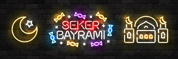 Vector set of realistic isolated neon sign of Seker Bayrami, Turkish candy festival logo for template decoration and invitation covering.