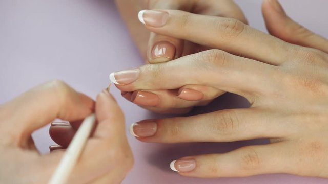 the manicurist paints the client's nails with  nail polish on a lite purple background Painting nails. Female hands with beautiful french manicure