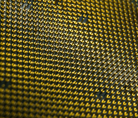 Macro shot of pins in selective focus located on the back of CPU or micro processor unit.