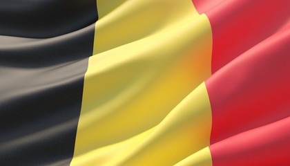 Waved highly detailed close-up flag of Belgium. 3D illustration.