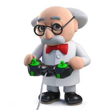 3d mad scientist playing a video game with a joystick controller