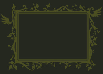 green vector frame with various decorative elements such as heart, leaves, butterflies