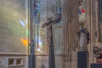 View of the statues inside the Gothic church on the Monastery of Batalha, Mosteiro da Batalha, literally the Monastery of the Battle, is a Dominican convent, in Leiria