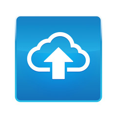 Cloud upload icon shiny blue square button