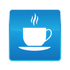 Coffee cup icon shiny blue square button