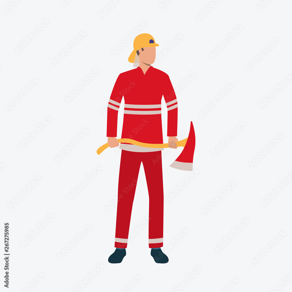 Wall mural Fireman wearing uniform and holding axe. Fire service, occupation, profession concept. Vector illustration can be used for presentation slide, poster, new projects