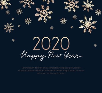 Happy new year greeting card with golden snowflakes and navy blue background. Line style luxury design template for invitations, prints, greeting cards. Vector New Year minimalism illustration