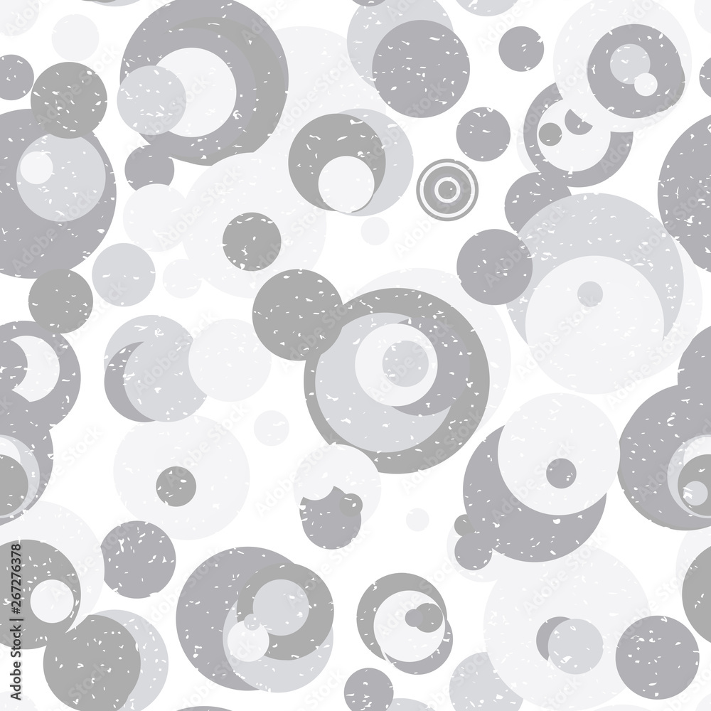 Poster Modern vector abstract seamless geometric pattern with  circles in retro scandinavian style. Neutral gray and white colored shapes with worn out texture.