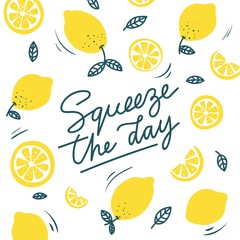 Squeeze the day inspirational card with doodles lemons, leaves isolated on white background. Colorful illustration for greeting cards or prints. Vector lemon illustration - obrazy, fototapety, plakaty