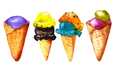 Ice cream watercolor summer set. Hand drawn illustration fruit ice cream in a waffle cone isolated on white background
