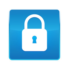 Padlock close icon shiny blue square button