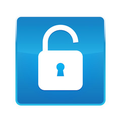 Padlock open icon shiny blue square button