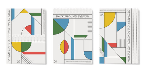 Covers templates set with flat geometric pattern in blue, white, green, yellow and red colors.