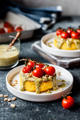 Fried Polenta with Pesto and Tomato