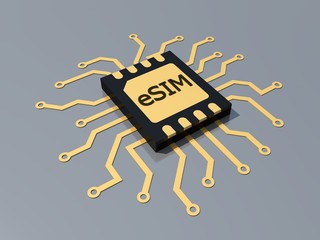 Embedded SIM. eSIM - electronic sim phone new mobile communication technology. New mobile cellular communication technology and 5G network. 3D rendering.