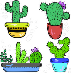 Vector colorful illustration with cacti. Cactus on white background. Cute illustration for printing. Postcard and logo ideas. 