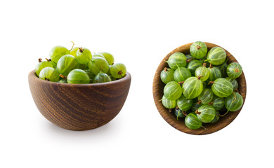 Gooseberries fruits isolated on white background. Gooseberries in a bowl with copy space for text. Ripe gooseberry close-up. Background berry. Sweet and juicy berry.