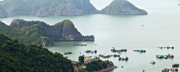 Halong bay islands Floating fishing village rock South China Sea Vietnam. Site Asia © Emoji Smileys People