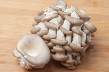 Fresh oyster mushroom clusters laid out on a natural bamboo cutting board.