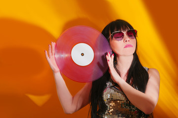 dj disco girl party retro vintage yellow orange young woman vinyl glamour light sun sunlight set sunrise summer morning,