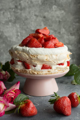 Homemade Pavlova meringue cake with strawberries.