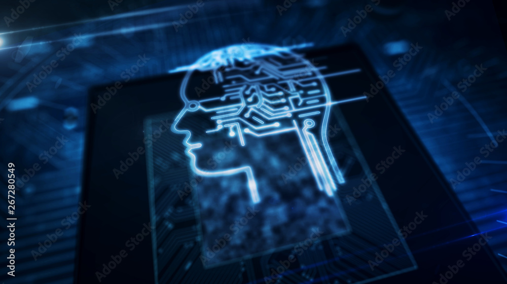 Wall mural cpu on board with ai head symbol hologram display