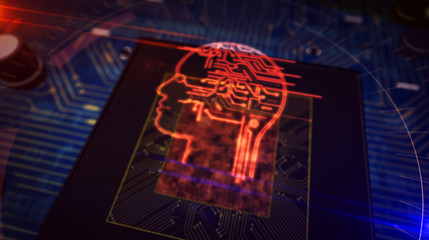 CPU on board with AI head symbol hologram display