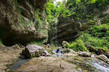 View of the waterfall in Caucasian mountains