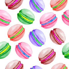 Seamless pattern with colorful macaroons. Hand-drawn watercolor illustration
