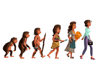 Naklejka na ściany i meble Woman evolution vector cartoon illustration concept. Female development process from monkey, erectus primate Australopithecus, hunter and gatherer of Stone Age, farmer to modern fashion woman