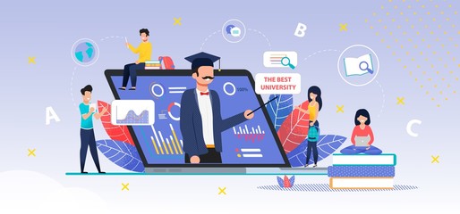 Application for Online Searching Best University. Laptop with Comparative Graphs, Charts to Do Best Choice for Higher Education. Online Consultant Helps Girl to Make Decision. Vector Flat Illustration