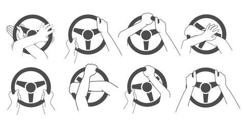 Man's hands on the steering wheel. Simple vector set