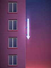 The side of the modern panel house. Decorative glowing neon arrow on the wall. Night landscape.