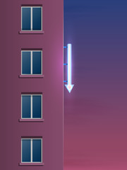 The side of the modern panel house. Decorative glowing neon arrow on the wall. Night landscape.