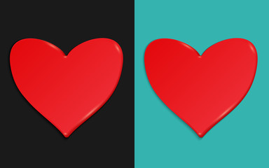 Two red hearts on a dark and turquoise background. Vector illustration. Holiday card on the theme of Valentine's day. Sweet stuff. Material design.